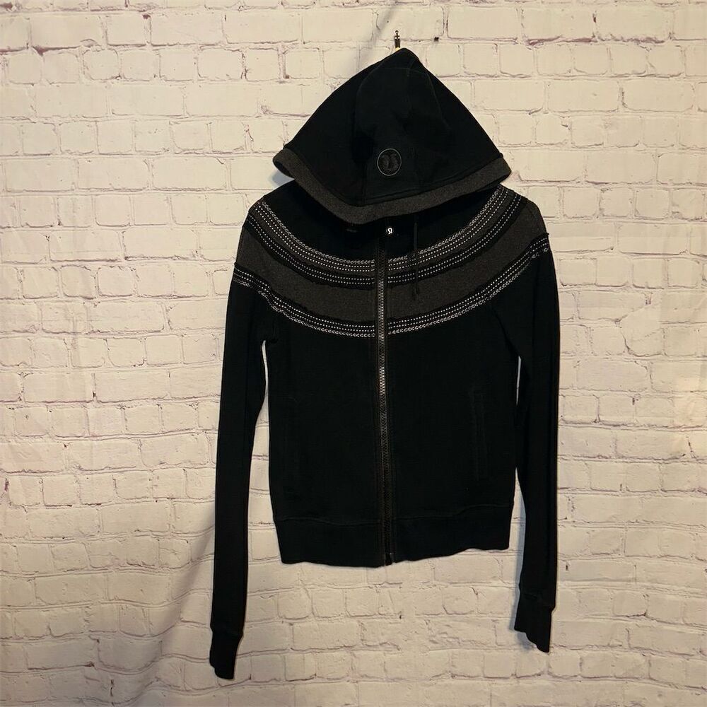 Lululemon Women's Black Full Zip Scuba Hoodie 6 with Dark Gray Stripe
